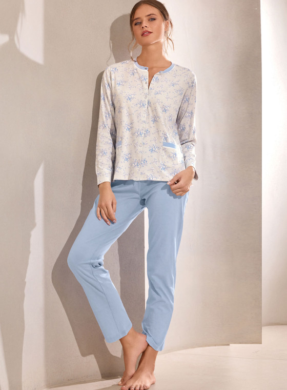 Pigiama aperto donna in jersey di cotone con pantalone lungo Serie Nuvola INFIO
