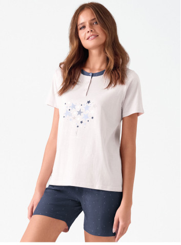 Women’s cotton jersey grandad pyjamas short sleeve star print with shorts all-over micro print Galaxy collection INFIORE