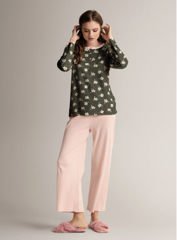 Pigiama serafino in cotone con maglia stampata a maniche lunghe e pantalone lungo palazzo