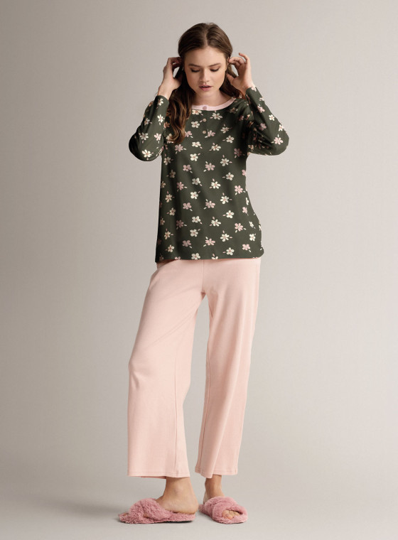 Pigiama serafino in cotone con maglia stampata a maniche lunghe e pantalone lungo palazzo