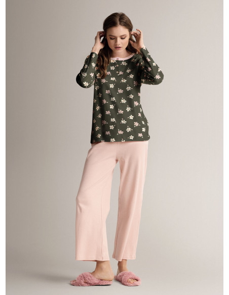 Pigiama serafino in cotone con maglia stampata a maniche lunghe e pantalone lungo palazzo