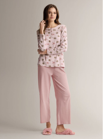 Pigiama serafino in cotone con maglia stampata a maniche lunghe e pantalone lungo palazzo 2