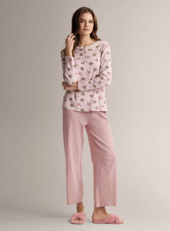 Cotton grandad pyjamas with printed long-sleeve top and long wide-leg trousers