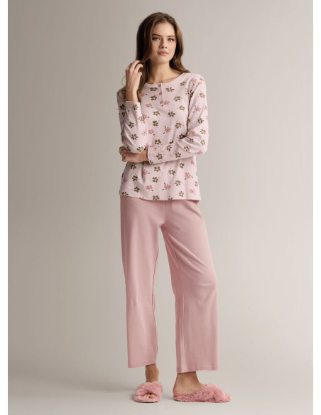 Cotton grandad pyjamas with printed long-sleeve top and long wide-leg trousers