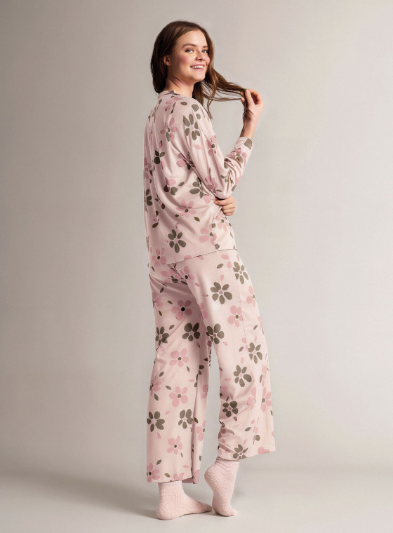 Round-neck pyjamas in soft, lightweight microcoral with long-sleeve top and long wide-leg trousers