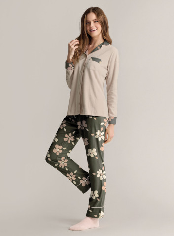 Revere-collar open-front pyjamas in soft, lightweight microcoral with long-sleeve top and long straight-leg trousers