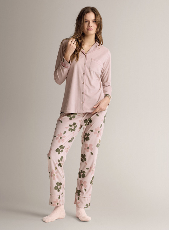 Revere-collar open-front pyjamas in soft, lightweight microcoral with long-sleeve top and long straight-leg trousers