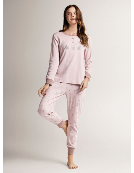Pigiama serafino in cotone con maglia a maniche lunghe e pantalone lungo con polsi