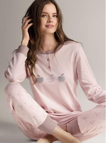 Pigiama serafino in cotone con maglia a maniche lunghe e pantalone lungo con polsi 2