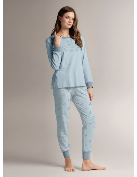Pigiama serafino in cotone con maglia a maniche lunghe e pantalone lungo con polsi