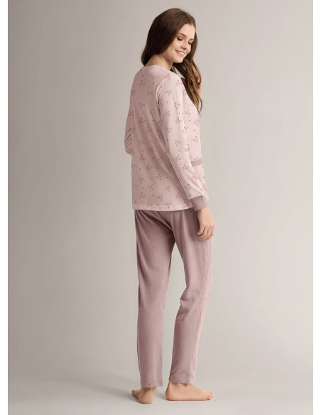 Cotton round-neck open-front pyjamas with open-front long-sleeve top and long straight-leg trousers