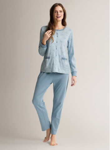 Cotton round-neck open-front pyjamas with open-front long-sleeve top and long straight-leg trousers