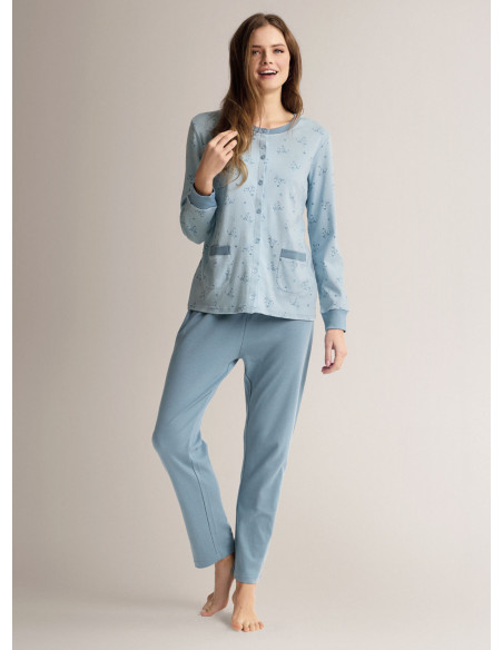 Pigiama aperto girocollo in cotone con maglia aperta a maniche lunghe e pantalone lungo dritto