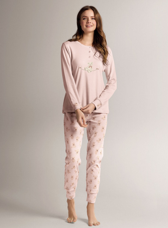 Pigiama serafino in cotone con maglia a maniche lunghe e pantalone lungo con polsi