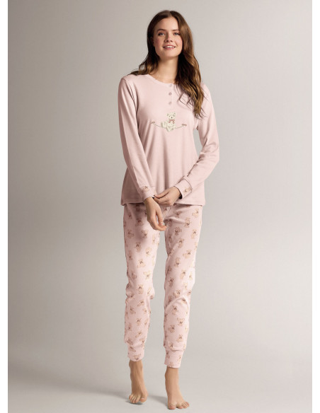 Pigiama serafino in cotone con maglia a maniche lunghe e pantalone lungo con polsi