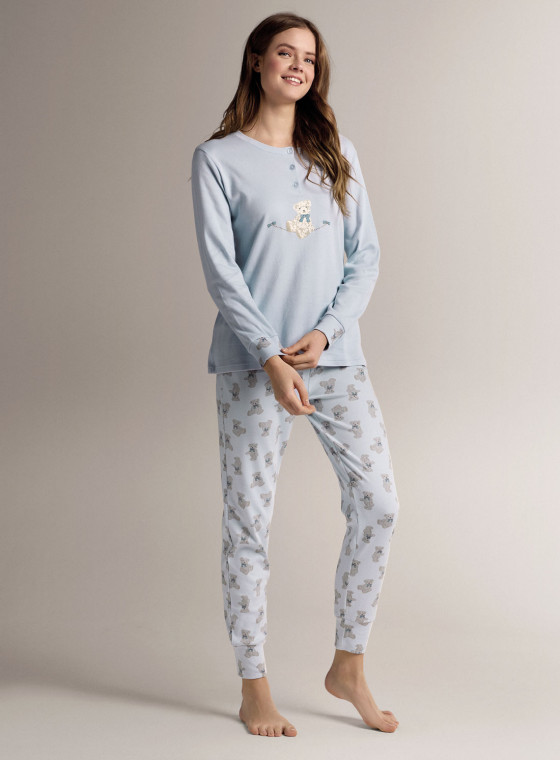 Pigiama serafino in cotone con maglia a maniche lunghe e pantalone lungo con polsi