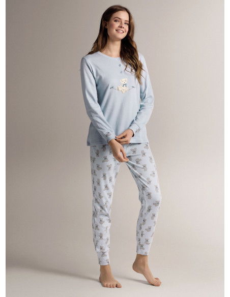 Pigiama serafino in cotone con maglia a maniche lunghe e pantalone lungo con polsi