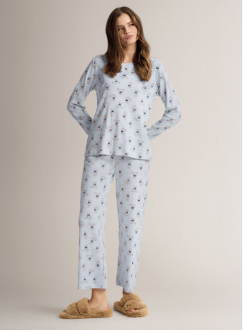 Cotton round-neck pyjamas with long-sleeve top and long wide-leg trousers 2