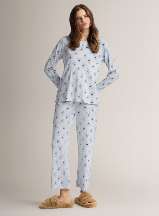 Pigiama girocollo in cotone con maglia a maniche lunghe e pantalone lungo palazzo