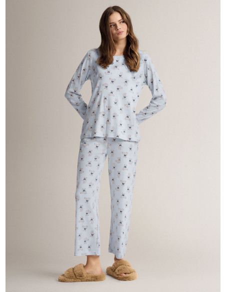 Cotton round-neck pyjamas with long-sleeve top and long wide-leg trousers