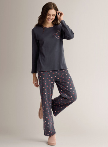 Cotton round-neck pyjamas with long-sleeve top and long wide-leg trousers
