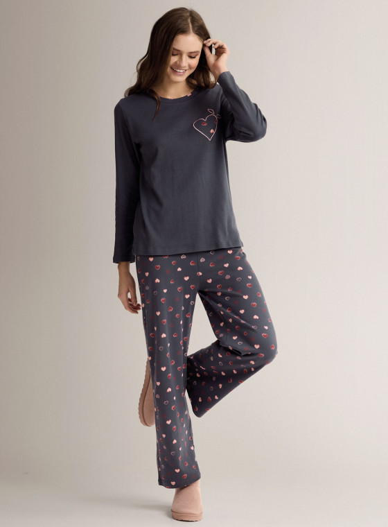 Cotton round-neck pyjamas with long-sleeve top and long wide-leg trousers