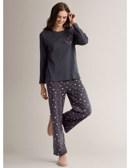 Cotton round-neck pyjamas with long-sleeve top and long wide-leg trousers
