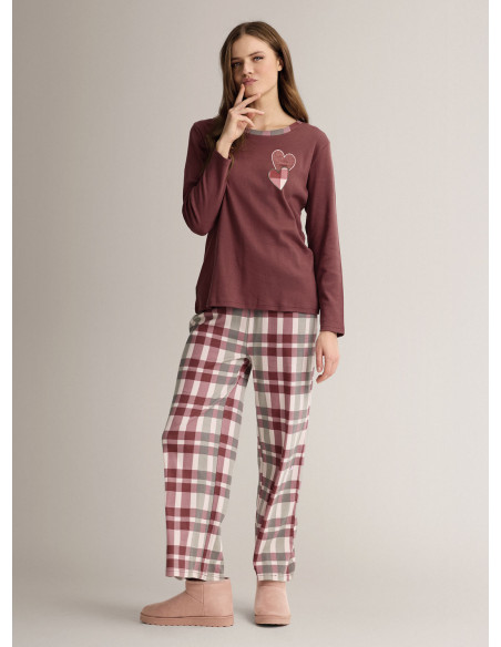 Cotton round-neck pyjamas with long-sleeve top and long wide-leg trousers