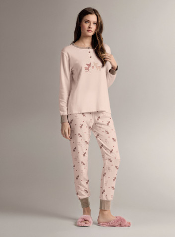 Pigiama serafino in cotone con maglia a maniche lunghe e pantalone lungo con polsi 2