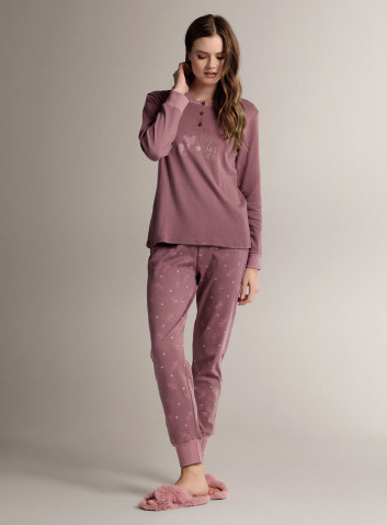 Pigiama serafino in cotone con maglia a maniche lunghe e pantalone lungo con polsi