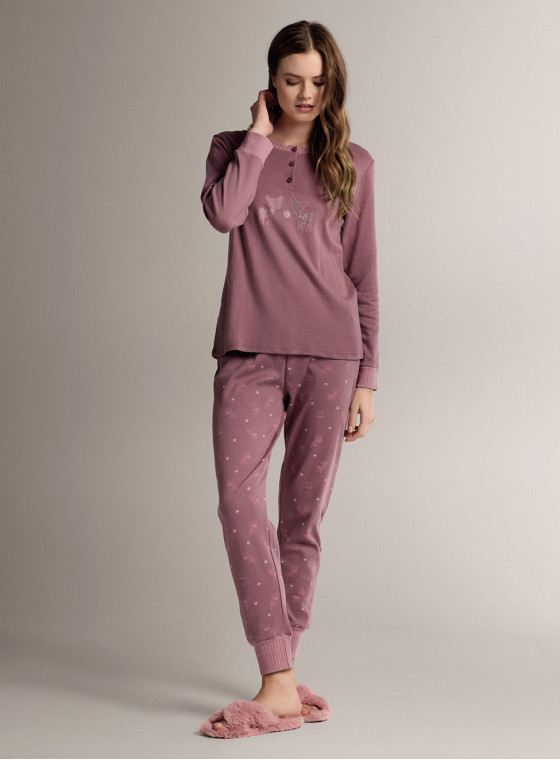Pigiama serafino in cotone con maglia a maniche lunghe e pantalone lungo con polsi