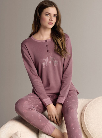 Pigiama serafino in cotone con maglia a maniche lunghe e pantalone lungo con polsi 2