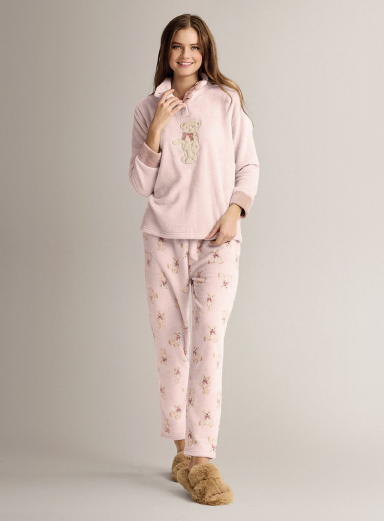 Pigiama serafino in coral morbido e caldo con maglia a maniche lunghe e pantalone lungo dritto