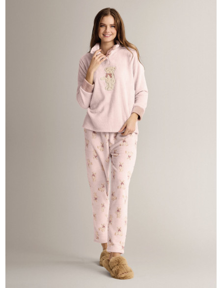 Pigiama serafino in coral morbido e caldo con maglia a maniche lunghe e pantalone lungo dritto