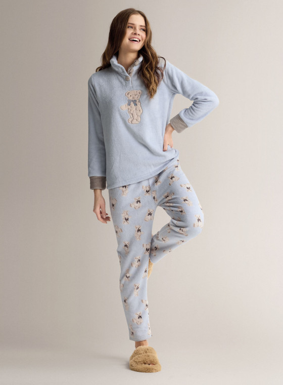 Grandad pyjamas in soft, warm coral fleece with long-sleeve top and long straight-leg trousers