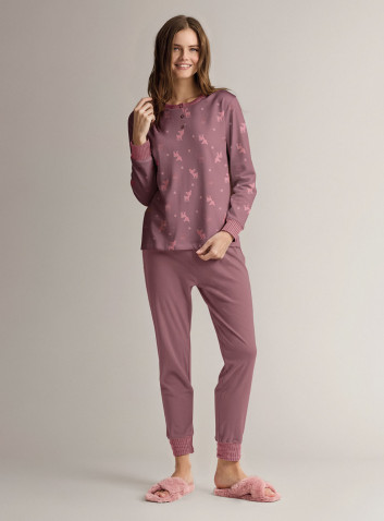 Pigiama serafino in cotone con maglia a maniche lunghe e pantalone lungo con polsi 2