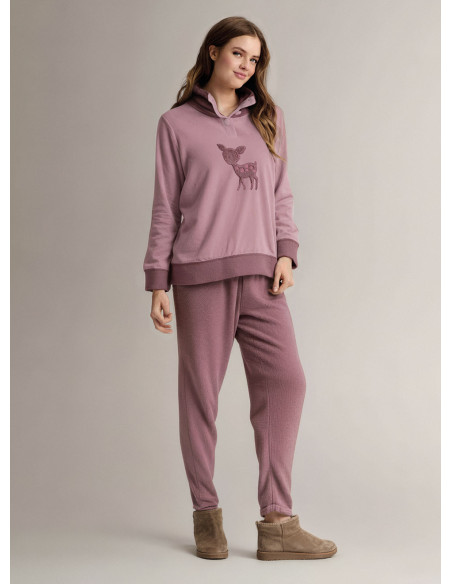 Pigiama serafino in coral morbido e caldo con maglia a maniche lunghe e pantalone lungo dritto