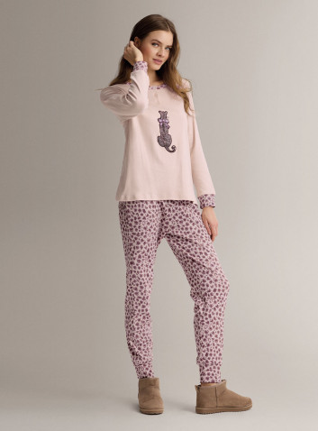 Pigiama serafino in cotone con maglia a maniche lunghe e pantalone lungo con polsi