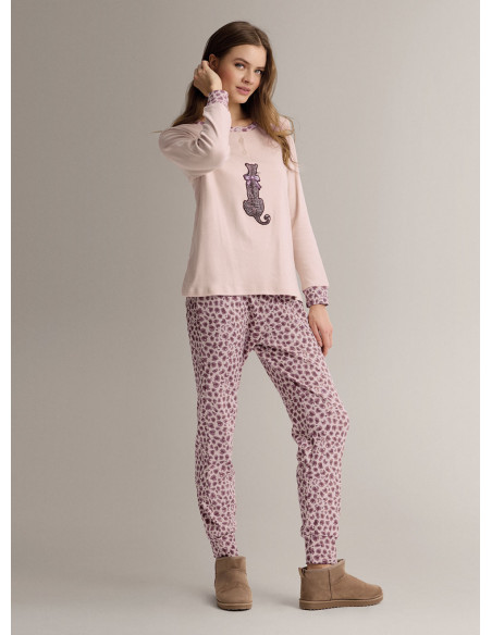 Pigiama serafino in cotone con maglia a maniche lunghe e pantalone lungo con polsi