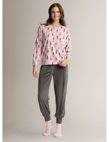 Round-neck pyjamas in soft, lightweight microcoral with long-sleeve top and long wide-leg trousers