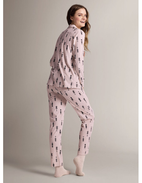 Pigiama aperto revers in microcoral morbido e leggero con maglia a maniche lunghe e pantalone lungo dritto