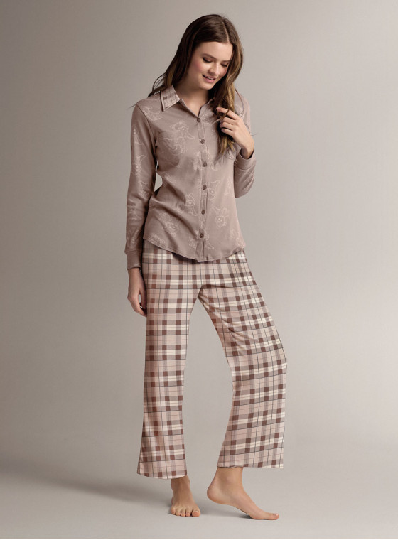 Cotton shirt-collar open-front pyjamas with open-front long-sleeve top and long straight-leg trousers