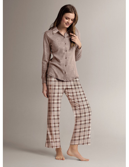 Cotton shirt-collar open-front pyjamas with open-front long-sleeve top and long straight-leg trousers