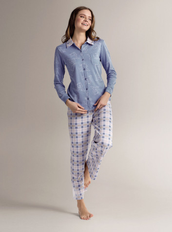 Cotton shirt-collar open-front pyjamas with open-front long-sleeve top and long straight-leg trousers