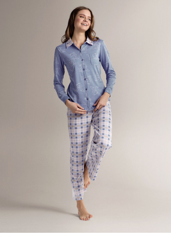 Cotton shirt-collar open-front pyjamas with open-front long-sleeve top and long straight-leg trousers