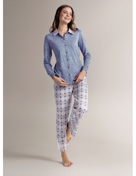 Pigiama aperto collo camicia in cotone con maglia aperta a maniche lunghe e pantalone lungo dritto