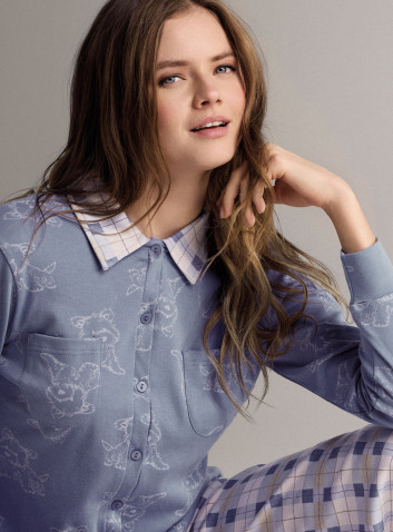 Cotton shirt-collar open-front pyjamas with open-front long-sleeve top and long straight-leg trousers 2