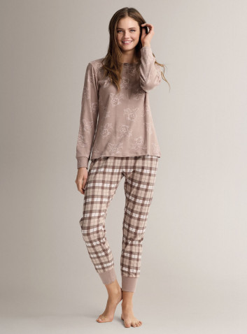 Pigiama serafino in cotone con maglia a maniche lunghe e pantalone lungo con polsi