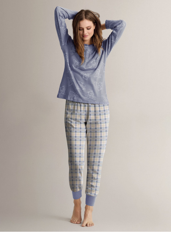 Pigiama serafino in cotone con maglia a maniche lunghe e pantalone lungo con polsi