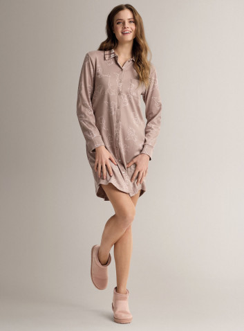 Camicia da notte aperta collo camicia in cotone con maniche lunghe, apertura frontale e collo camicia
